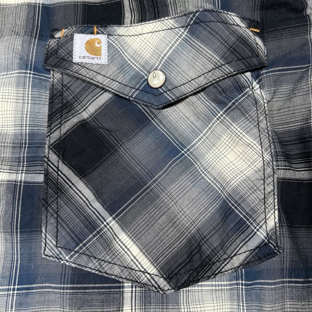 Carhartt Pearl Snap Shirt Mens 2XL XXL Blue Plaid Relaxed Fit Western Work EUC - Picture 5 of 14